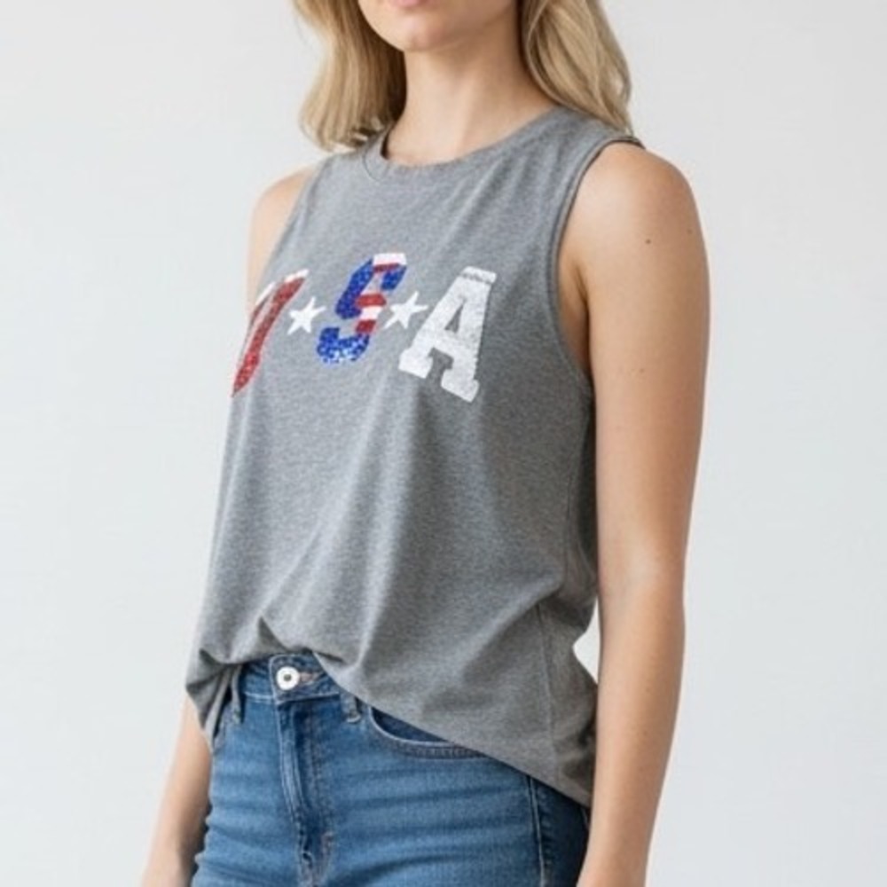 Modern Lux Womens USA Sequin Graphic Tank Top Heather‎ Gray Patriotic Size M